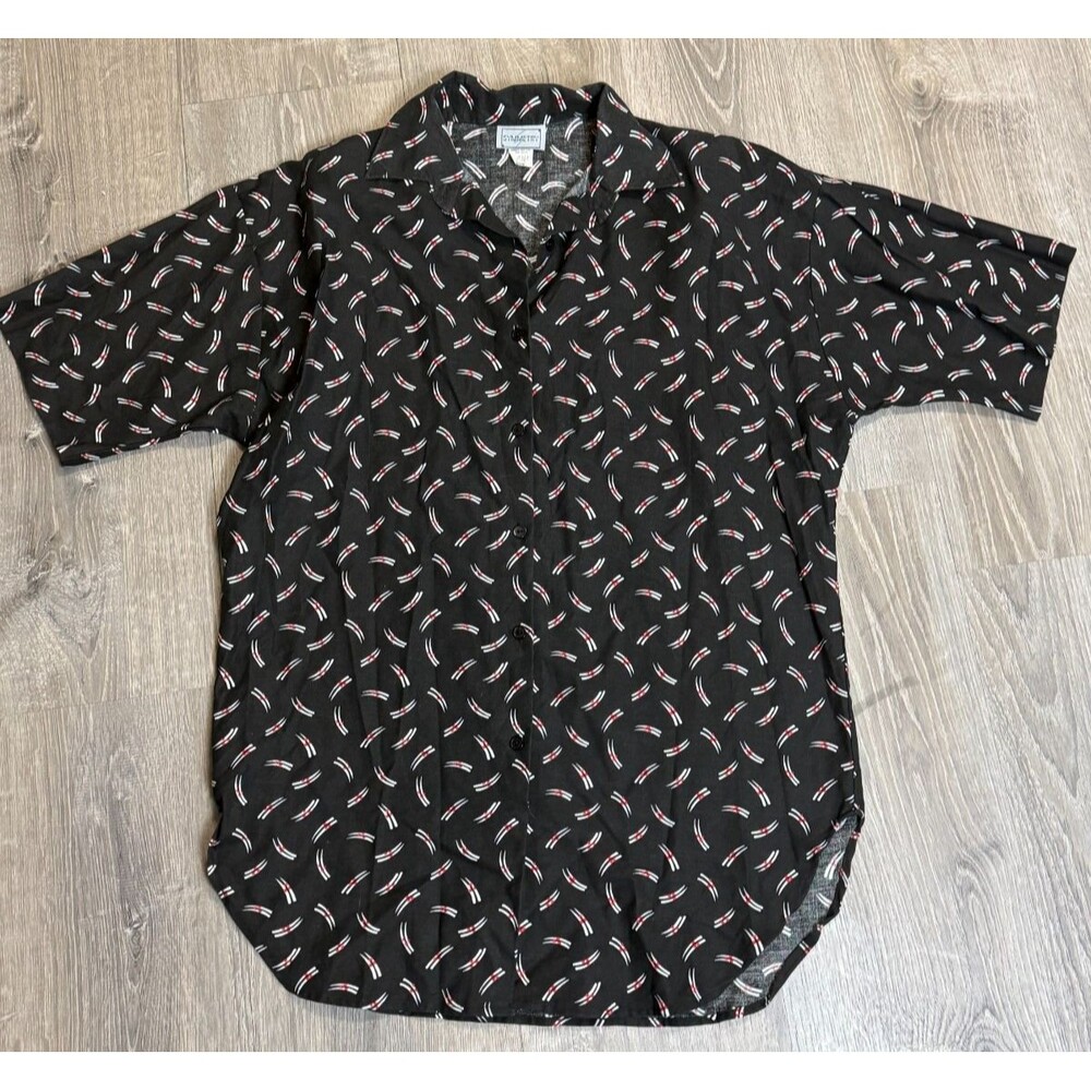 VTG 80s Black Button Blouse Medium Abstract Short Sleeve Shoulder Pads USA Made